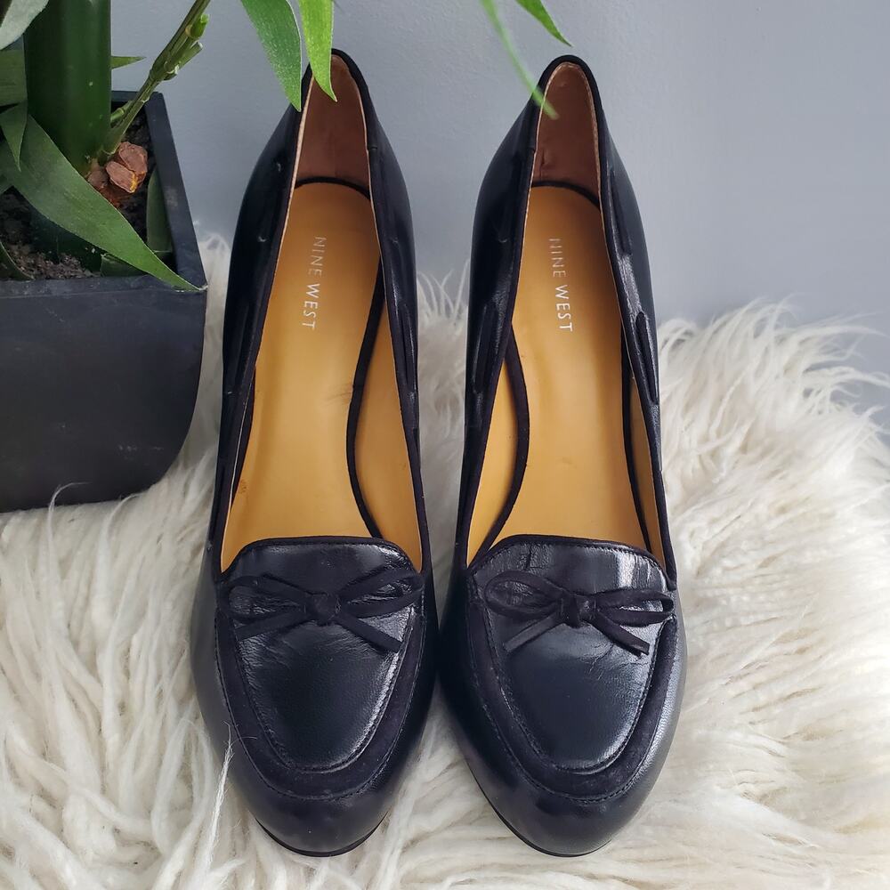 Nine West GHITA Black Leather Almond Toe Bow Detail Pumps Size 10M